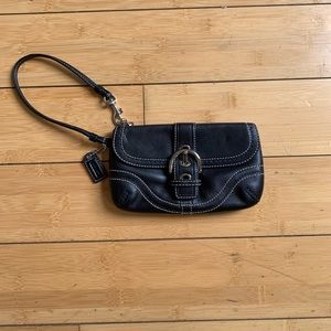 COACH Vintage black leather contrast stitch mini wristlet purse